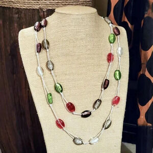 Jewel Tone Lampwork Glass Beads Double Strand 24" Long Necklace